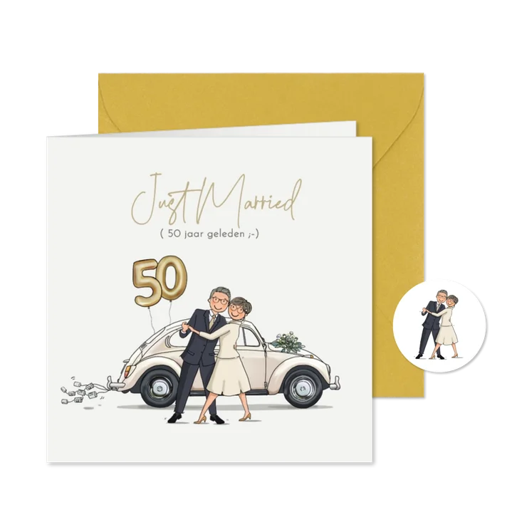 Jubileumkaart volkswagen kever met echtpaar en ballonnen