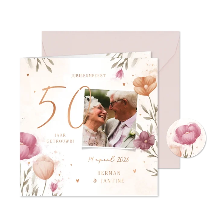 Jubileumkaart waterverf bloemen met foto en koperen hartjes