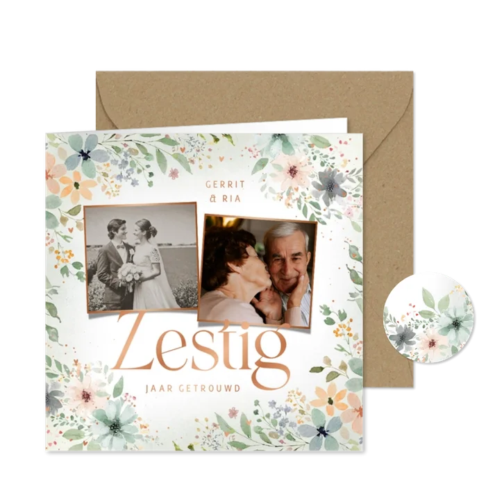 Jubileumkaart zestig jaar getrouwd bloemenkader met foto's