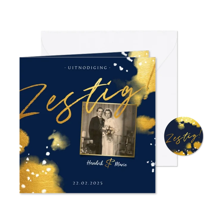 Jubileumkaart 'zestig' met foto en gouden waterverf