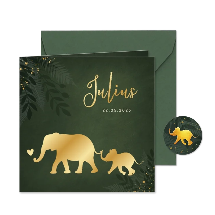 Jungle geboortekaartje jongen met gouden silhouet olifant