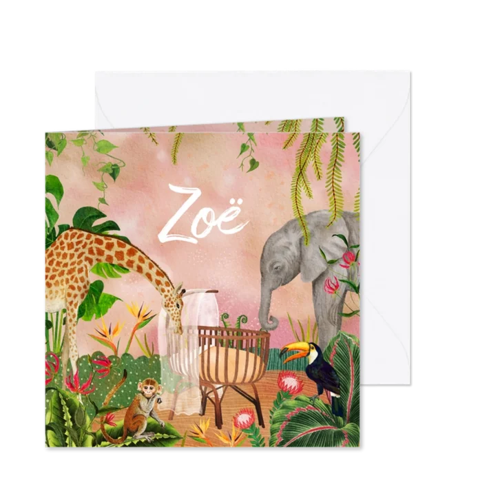 Jungle geboortekaartje wiegje tussen de dieren