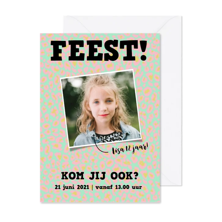 Kaart kinderfeestje met coole panterprint