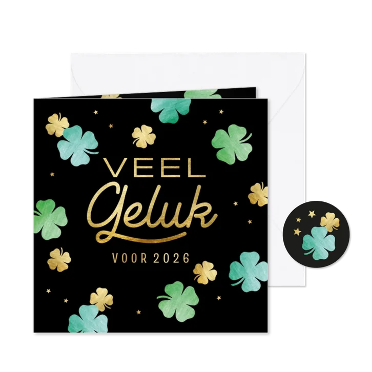 Kaart nieuwjaarswensen 'Veel geluk' met klavertjes