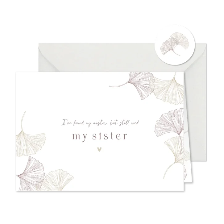 Kaartje 'I need my sister' getuige/bruidsmeisje ginkgo puur