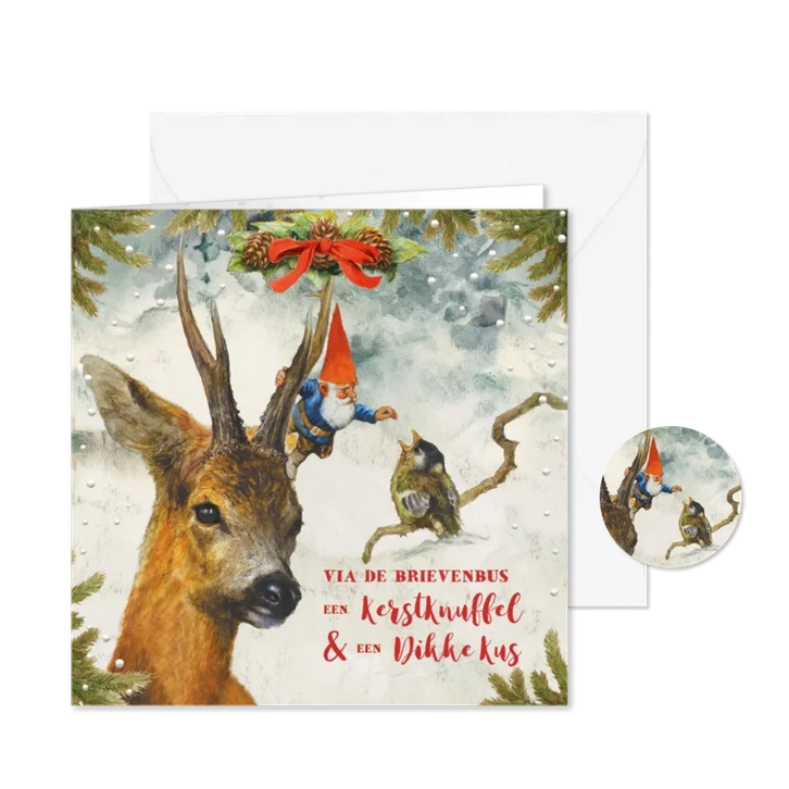 Kabouter kerstkaart met hert en vogel