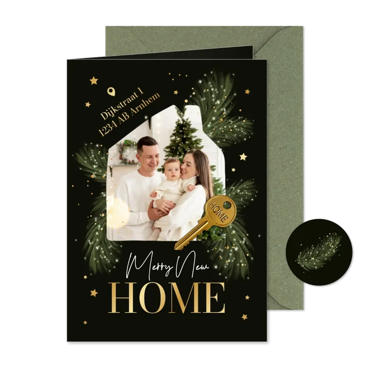 Kerst en verhuiskaart foto huisje sleutel 'merry new home'