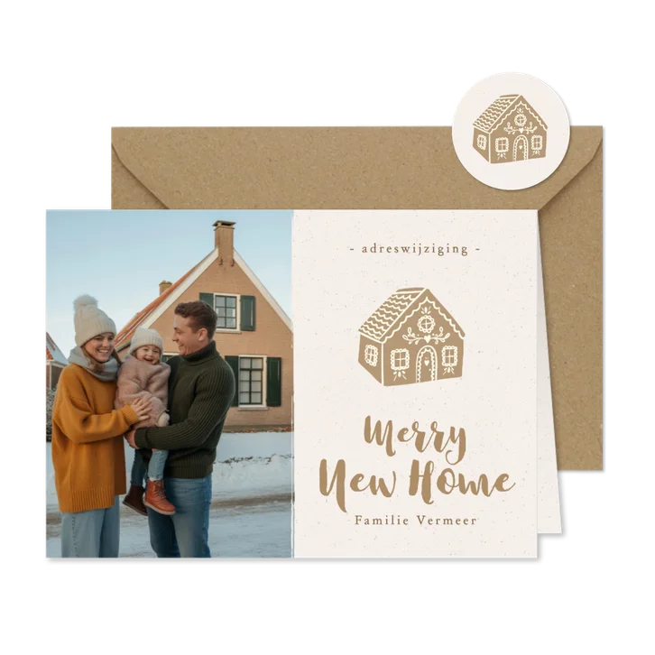 Kerst foto verhuiskaartje met gingerbread huisje beige