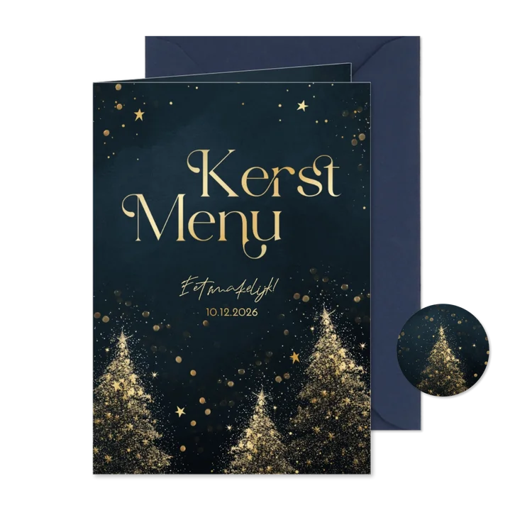 Kerst menukaart blauw met gouden kerstbomen