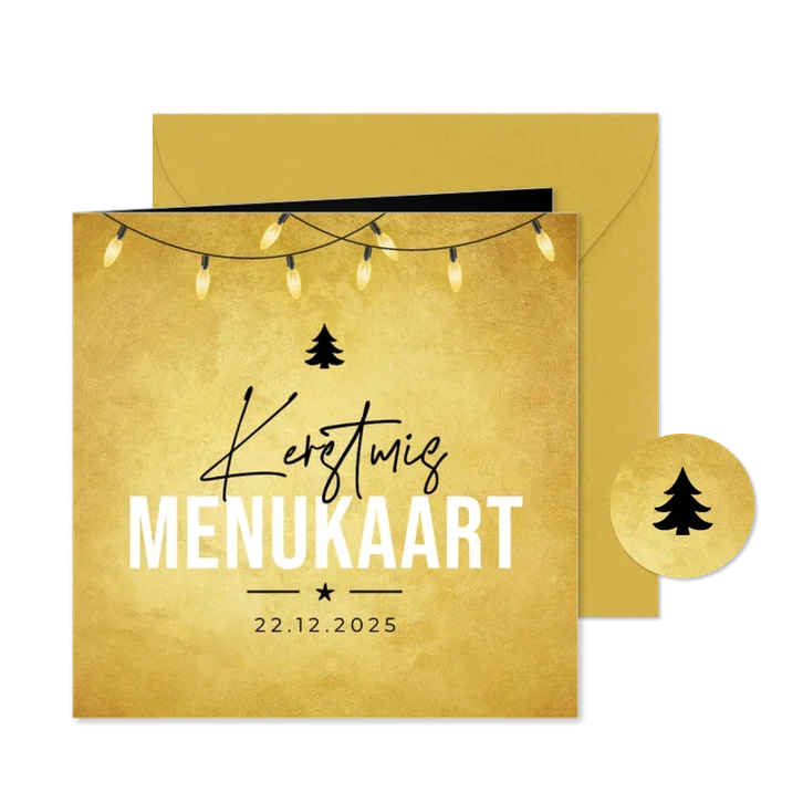 Kerst menukaart lampjes kerstboom goud kerstdiner kerstmis