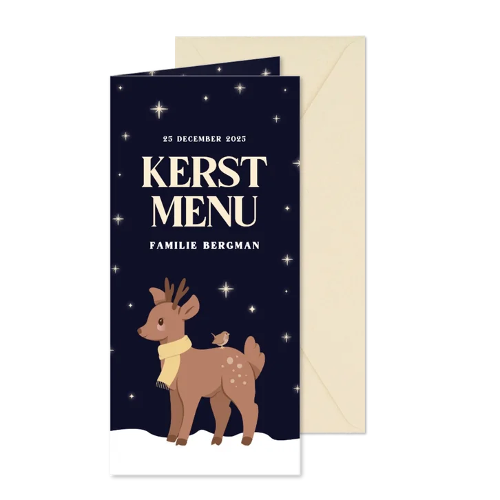 Kerst menukaartje met hertje en sterren