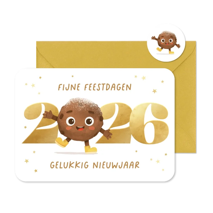 Kerst nieuwjaarskaart oliebol 2026 sterren goud vrolijk
