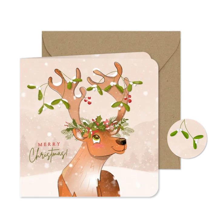 Kerst rendier in sneeuw met maretakken gewei warm vintage