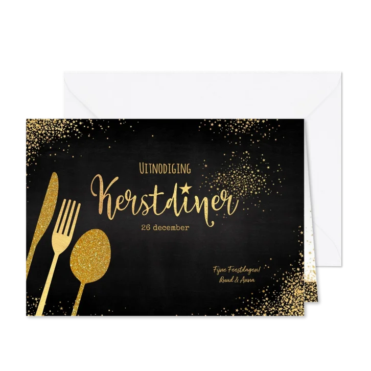 Kerst sfeervolle uitnodiging kerstdiner goud bestek 