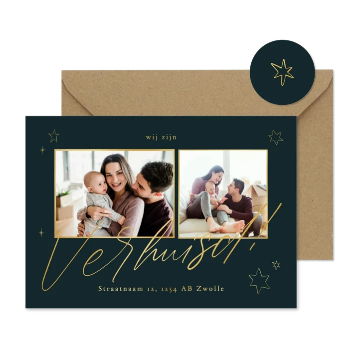 Kerst-verhuiskaart 2 foto's goud met inkt sterren