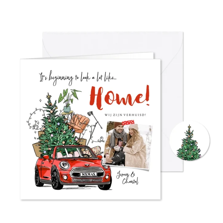 Kerst verhuiskaart auto kerstboom verhuisdozen meubels foto