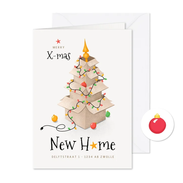 Kerst verhuiskaart dozen lampjes kerstboom sterren