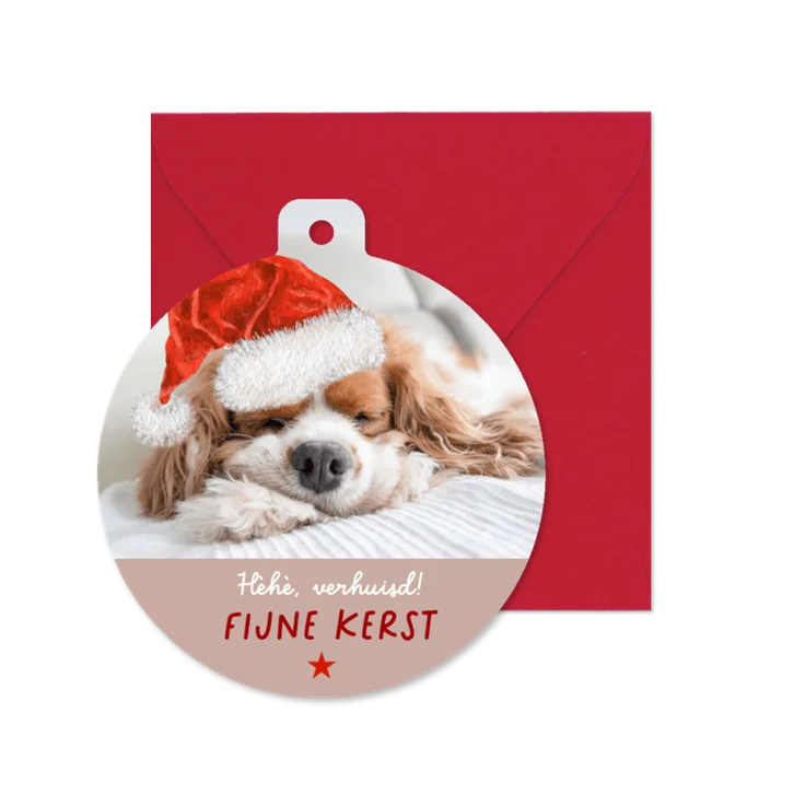 Kerst-verhuiskaart grappig hondje met kerstmuts
