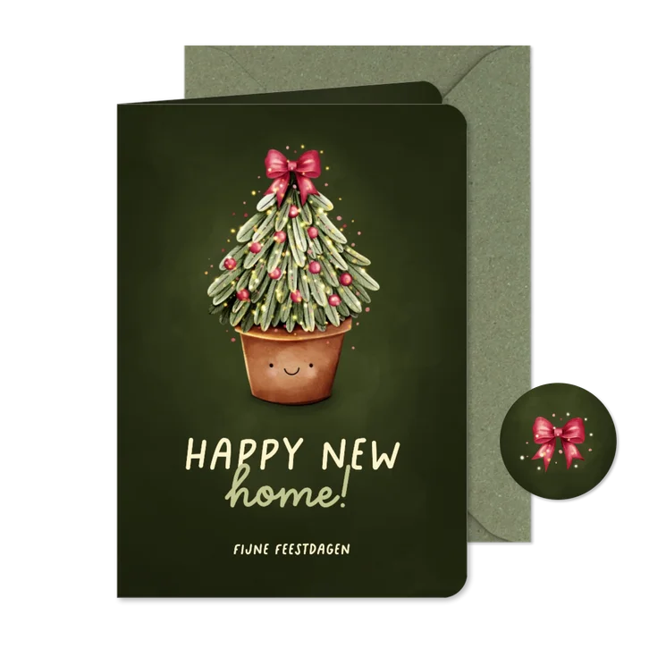 Kerst verhuiskaart happy new home met vrolijke kerstboom