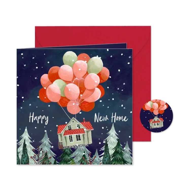 Kerst verhuiskaart huis met kerstboom en ballonnen