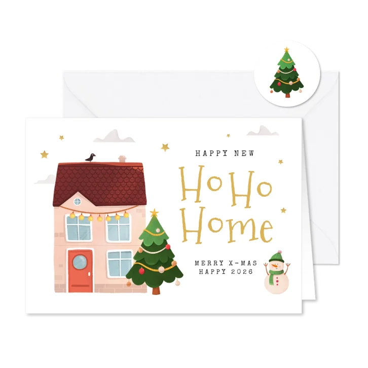 Kerst verhuiskaart huisje kerstboom sneeuwpop sterren