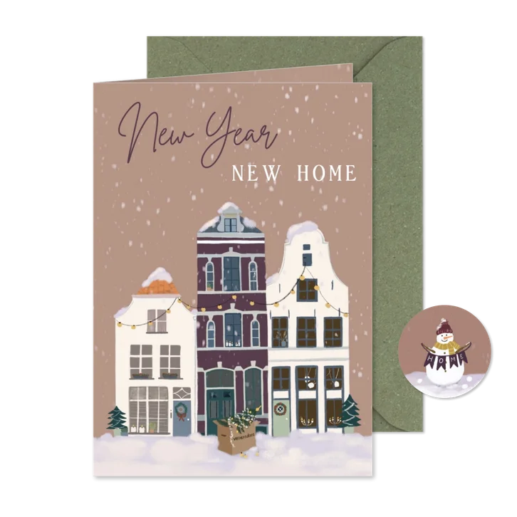 Kerst verhuiskaart huizen in sneeuw
