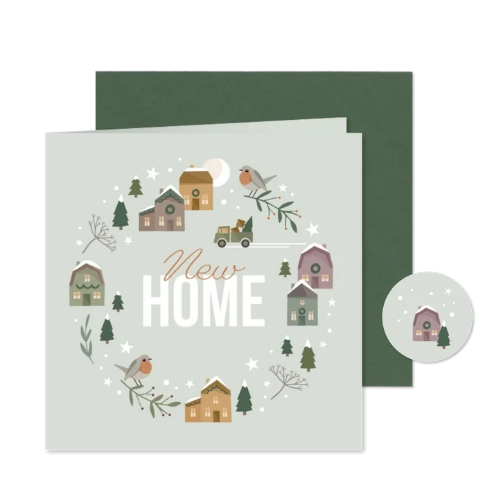 Kerst-verhuiskaart kerstdorpje met verhuiswagen