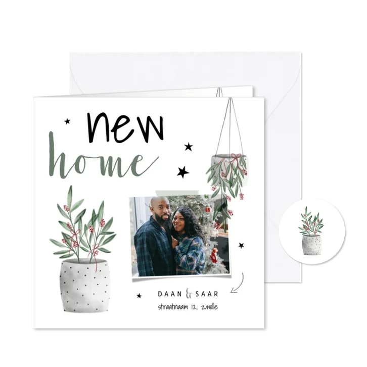 Kerst verhuiskaart met foto, planten en sterren