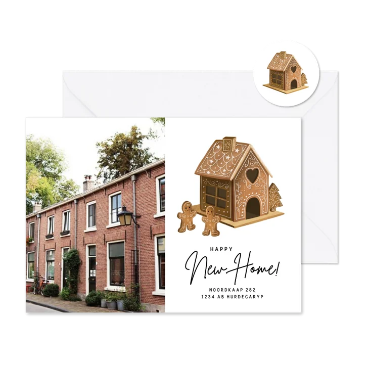 Kerst verhuiskaart met gingerbread huisje en eigen foto