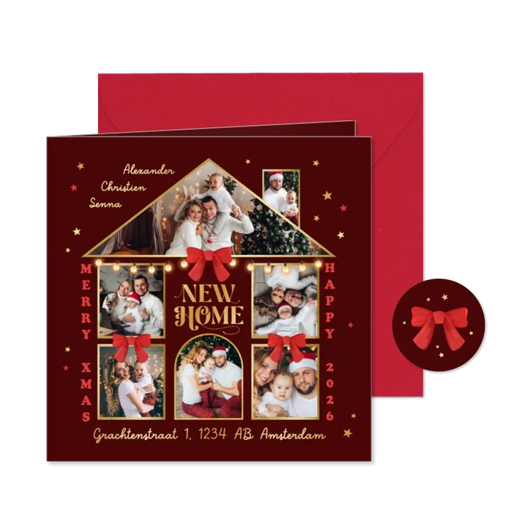 Kerst verhuiskaart nieuw huis fotocollage sterren goud