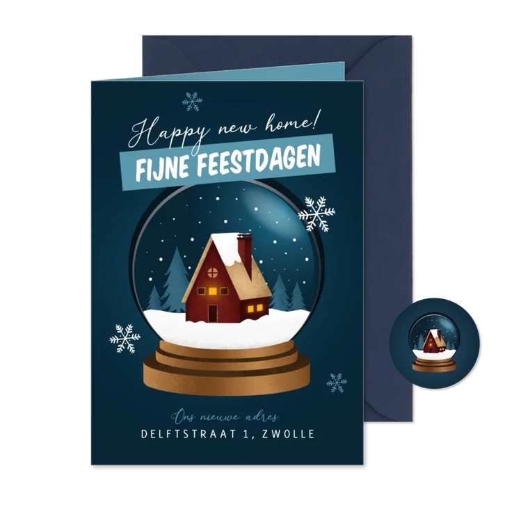 Kerst verhuiskaart sneeuwbol huis fijne feestdagen huisje