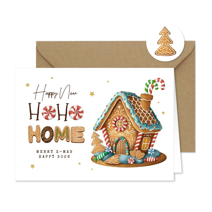 Kerst verhuiskaart snoep gingerbread huisje koekjes ho ho ho