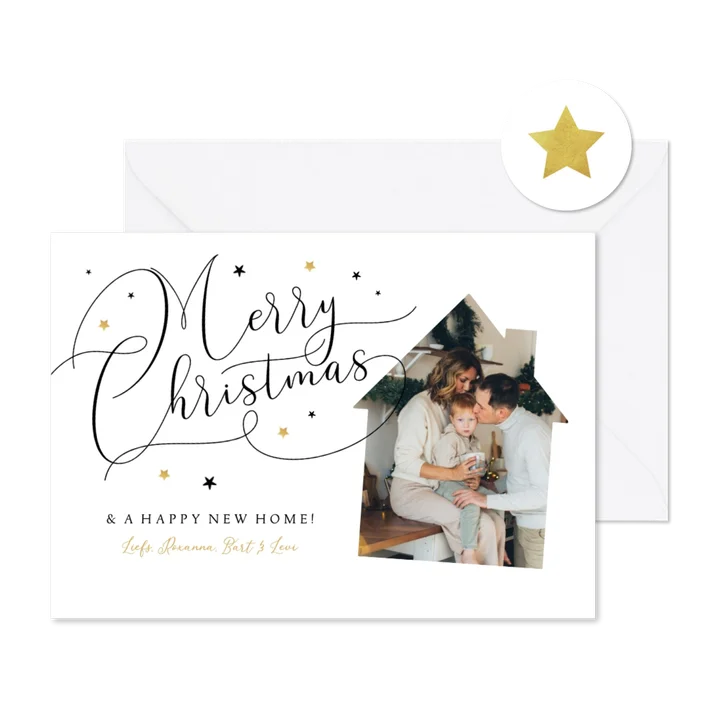 Kerst verhuiskaart stijlvol sierlijk sterren goud huis