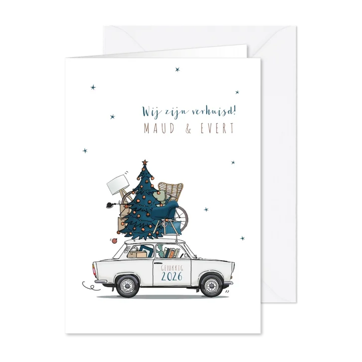 Kerst verhuiskaart Trabant wit met blauwe kerstboom