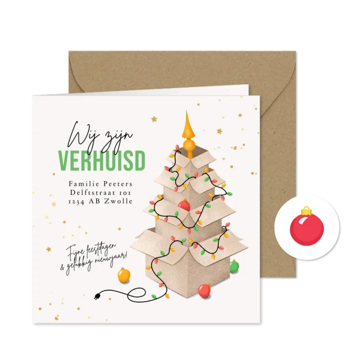 Kerst verhuiskaart verhuisdozen kerstboom new home