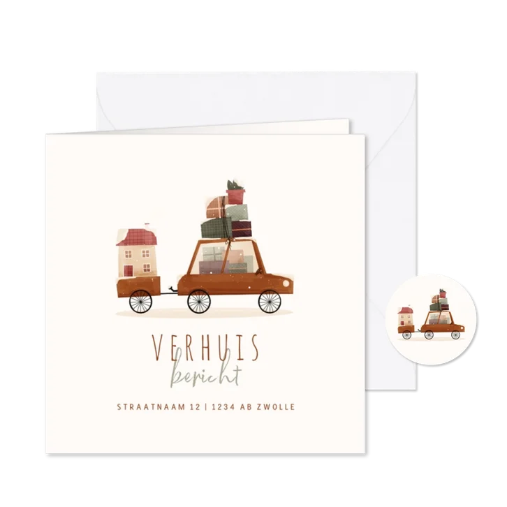 Kerst-verhuiskaartje autootje met dozen en huisje