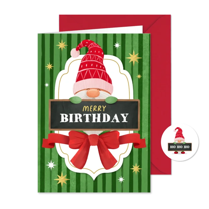 Kerst verjaardagskaart gnome kabouter strik merry birthday