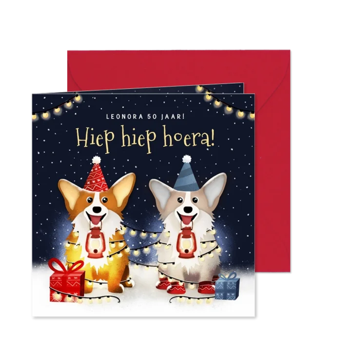 Kerst verjaardagskaart met 2 corgi honden met feesthoedjes