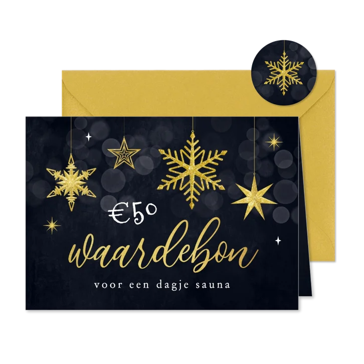 Kerst waardebon sterren sneeuw goud glitters