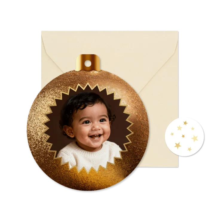 Kerstbal fotokaart glitter baby fotohanger