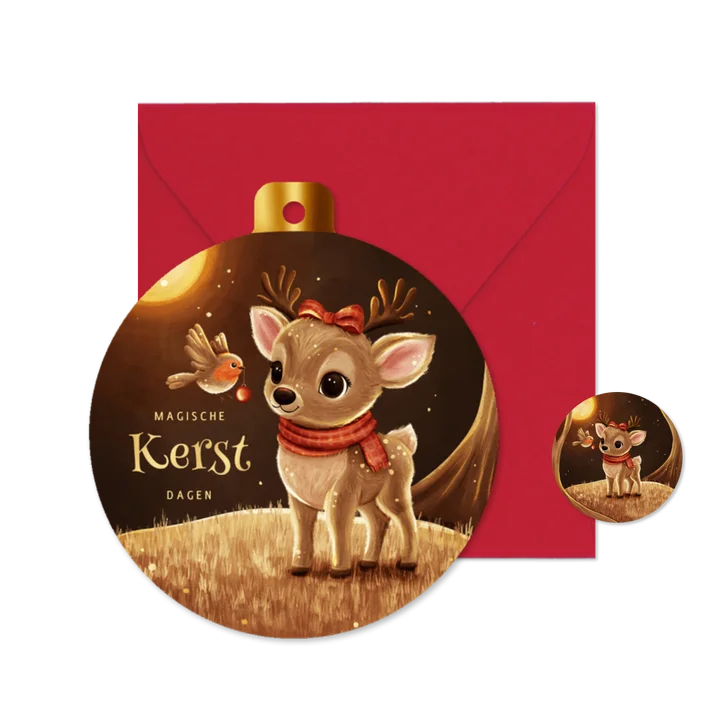 Kerstbal kaart hert met roodborstje in sprankelend bos