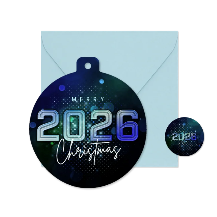 Kerstbal kerstkaart futuristisch 2026 blauw