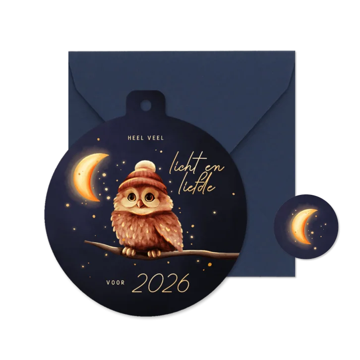 Kerstbal kerstkaart uiltje licht en liefde voor 2026