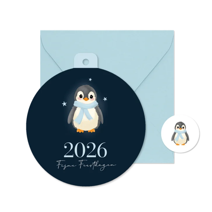 Kerstbal kerstkaartje met schattige pinguin donkerblauw