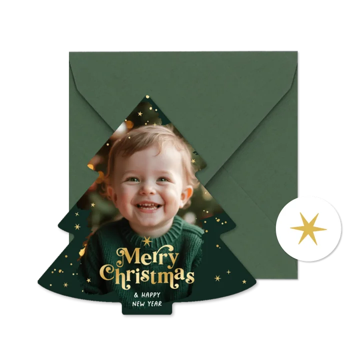 Kerstboom fotokaart merry christmas goud sterren