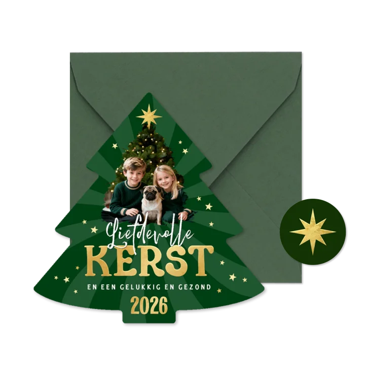 Kerstboom kerstkaart foto sterren liefdevolle kerst 2026