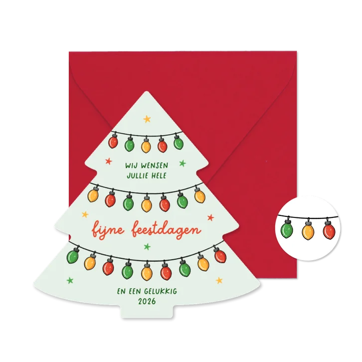 Kerstboom kerstkaart kerstlampjes fijne kerst gelukkig 2026