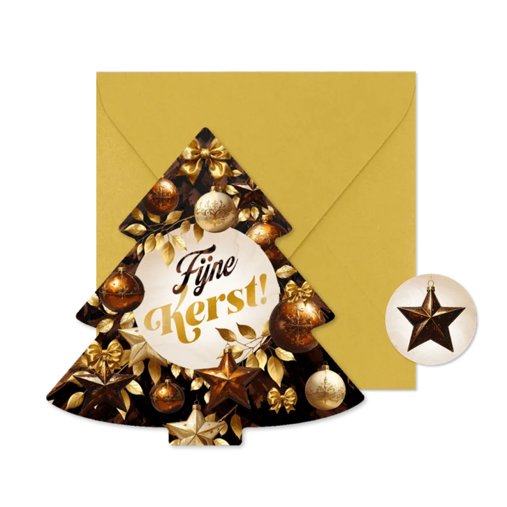 Kerstboomvorm kerstkaart bruine takken, kerstballen sterren