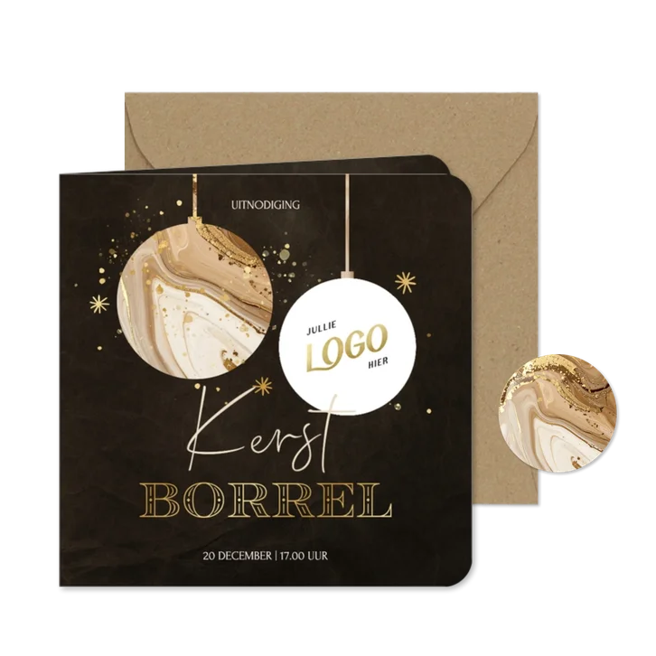 Kerstborrel uitnodiging met marmer kerstbal en logo