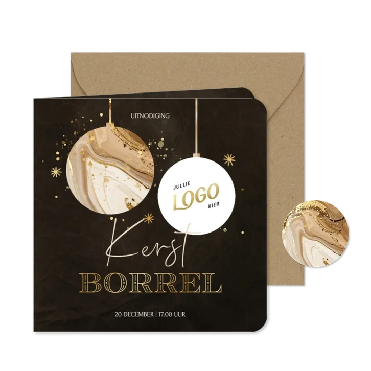 Kerstborrel uitnodiging met marmer kerstbal en logo